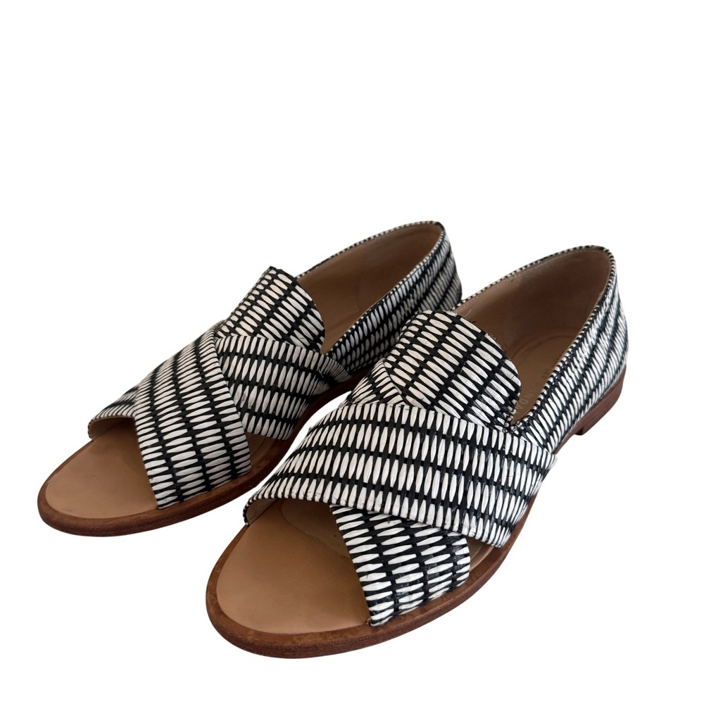 Loeffler Randall Black White Woven Raffia Crisscross Slide Sandals Womens 8.5 B
